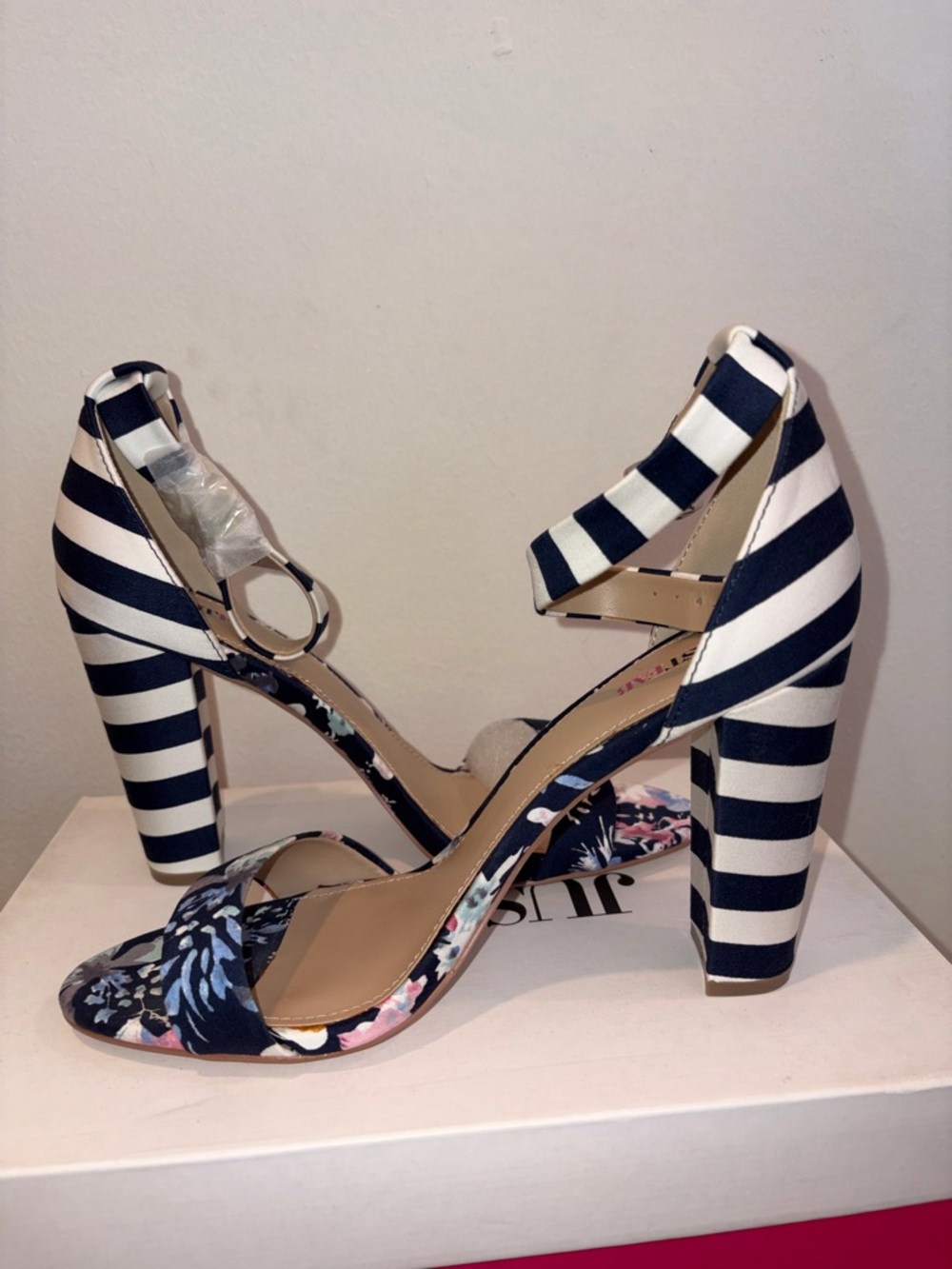JustFab Navy and White Striped Block Heel Sandals with Floral Toe